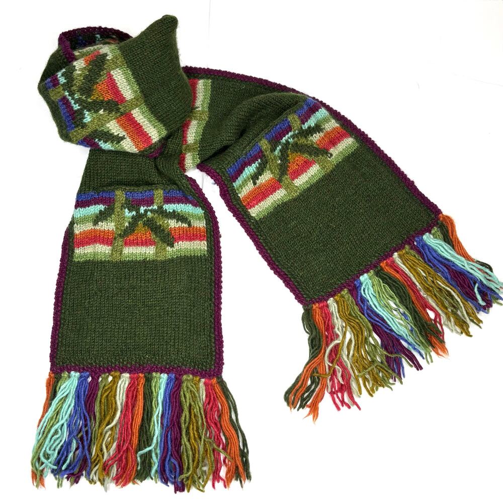 Green Striped Knit Wool Pocket Scarf Handmade in Nepal 9x63 Lost Horizons Boho